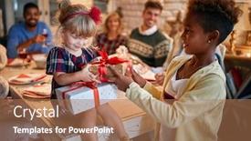  Presentation with curiosity - Slides consisting of little-girls-exchanging-christmas-presents background and a coral colored foreground