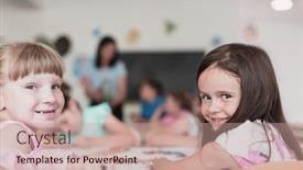  Presentation with elementary school - Presentation theme having little-girls-sitting-in-elementary background and a coral colored foreground