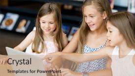  Presentation with library - Beautiful slide set featuring little girls with a laptop backdrop and a coral colored foreground
