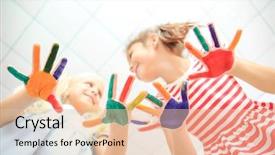  Presentation with kindergarten - Amazing PPT theme having little girls with painted hand backdrop and a lemonade colored foreground