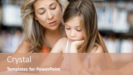  Presentation with library - Amazing presentation theme having little girls with their mother reading books in library backdrop and a coral colored foreground