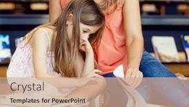  Presentation with library - Presentation theme with little girls with their mother reading books in library background and a coral colored foreground