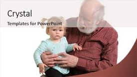  Presentation with sitting teddy bear isolated - Presentation design with little granddaughter sitting at lap background and a light gray colored foreground