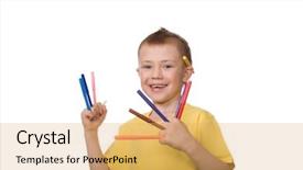  Presentation with colorful - Slides enhanced with little happy boy holds colorful markers background and a yellow colored foreground