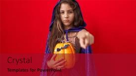  Presentation with costume - Presentation design having little-hispanic-girl-wearing-witch background and a crimson colored foreground