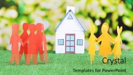  Presentation with green house - Slide set consisting of little house and paper people on green grass on bright background background and a seafoam green colored foreground