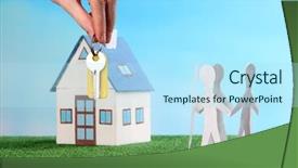  Presentation with green house - Beautiful slide deck featuring little house on green grass on blue sky background backdrop and a light blue colored foreground