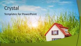  Presentation with green house - Presentation theme enhanced with little house on the green background and a light blue colored foreground