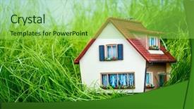  Presentation with green house - Presentation theme having little house on the green background and a yellow colored foreground
