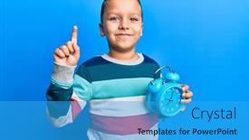  Presentation with clock face - Beautiful presentation theme featuring little-kid-boy-holding-alarm backdrop and a teal colored foreground