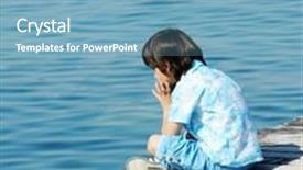  Presentation with dock - Presentation theme consisting of little kid sitting by the bridge on a sea summer dock background and a light blue colored foreground