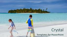  Presentation with summer sun - Cool new slide deck with little kids in rash guards backdrop and a sky blue colored foreground