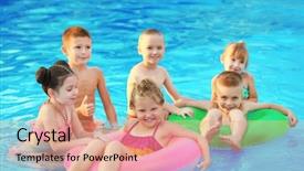  Presentation with swimming pool - PPT theme with little kids in swimming pool background and a coral colored foreground