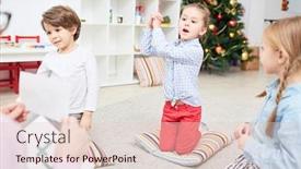  Presentation with language english - Audience pleasing slide deck consisting of little kids of kindergarten sitting on the floor during lesson of english language backdrop and a lemonade colored foreground