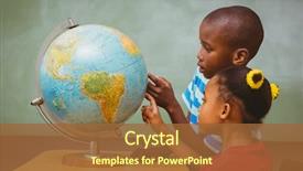  Presentation with kids - Beautiful PPT theme featuring little kids pointing at globe backdrop and a red colored foreground