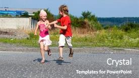  Presentation with children running - Beautiful PPT theme featuring little kids running in street backdrop and a gray colored foreground