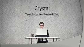  Presentation with desk in line - Colorful slide set enhanced with little men - businessman sitting at a desk backdrop and a light gray colored foreground