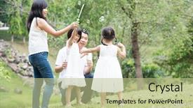  Presentation with children parents - Presentation design enhanced with little men theme - parents and children blowing soap background and a mint green colored foreground
