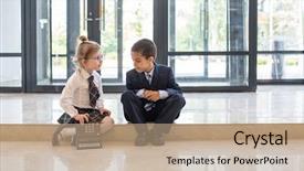  Presentation with business calculator - Slide deck with little mulatto boy and caucasian girl in business clothes sitting on the floor in the business center with calculator background and a coral colored foreground