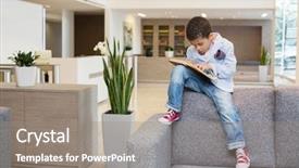  Presentation with business book - Audience pleasing presentation theme consisting of little mulatto boy in a shirt and jeans is sitting on a sofa with book in a business center backdrop and a gray colored foreground