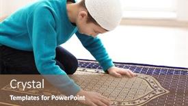  Presentation with omrah muslim people praying - Slides having little muslim boy praying indoors background and a violet colored foreground