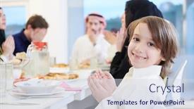  Presentation with muslim family - PPT theme having little-muslim-boy-praying background and a sky blue colored foreground