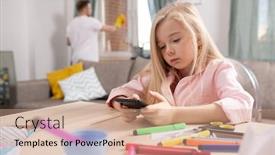  Presentation with room cleaning - PPT theme enhanced with little-restful-blond-girl-scrolling background and a coral colored foreground