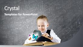  Presentation with magnifying glass - PPT theme having little school girl examining butterfly background and a gray colored foreground