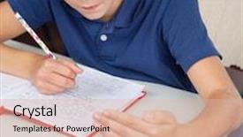  Presentation with cheating - Presentation design with little schoolboy cheating at desk during examination in classroom background and a lemonade colored foreground