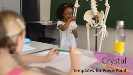  Presentation with school elementary - Audience pleasing slide set consisting of little-schoolgirl-explaining-human-skeleton backdrop and a coral colored foreground