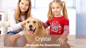  Presentation with kneeling - PPT theme enhanced with little sisters kneeling on floor at home fondling pet golden retriever smiling background and a coral colored foreground