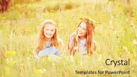  Presentation with two cute sisters playing - PPT theme featuring little sisters on a sunny background and a yellow colored foreground
