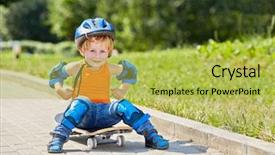  Presentation with park - Slide set enhanced with little skateboarder sits on park alley on skateboard with arms akimbo background and a yellow colored foreground