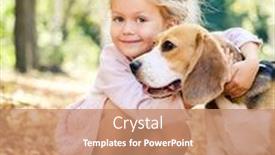  Presentation with beagle dog - PPT theme enhanced with little smiling blond girl sitting hugging beagle dog in a sunshine autumn park background and a coral colored foreground
