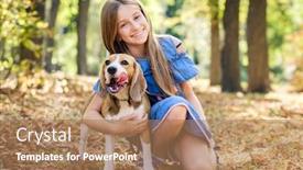  Presentation with beagle dog - Colorful slides enhanced with little smiling blond girls sitting together hugging beagle dog in a sunshine autumn park backdrop and a coral colored foreground