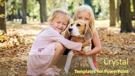  Presentation with beagle dog - PPT layouts enhanced with little smiling blond girls sitting together hugging beagle dog in a sunshine autumn park background and a tawny brown colored foreground