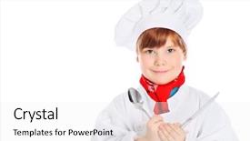  Presentation with knife attack - PPT layouts featuring little smiling chief-cooker with spoon and knife isolated on white background and a white colored foreground