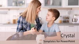  Presentation with indian mother son - Colorful PPT layouts enhanced with little son breaking piggy bank backdrop and a coral colored foreground