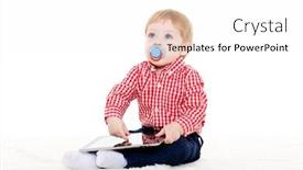  Presentation with child development - Slide set featuring little sweet child plays with computer tablet on a white background learning toys and early development background and a white colored foreground