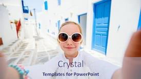  Presentation with greek - Presentation enhanced with little-tourist-girl-taking-selfie background and a sky blue colored foreground