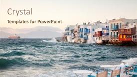  Presentation with greek islands - Presentation having little-venice-at-sunset-mykonos background and a cream colored foreground