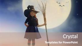  Presentation with happy halloween card - Beautiful PPT theme featuring little witch with a broomstick backdrop and a coral colored foreground