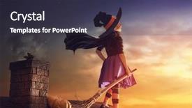  Presentation with happy halloween card - PPT theme having little witch with a broomstick background and a tawny brown colored foreground