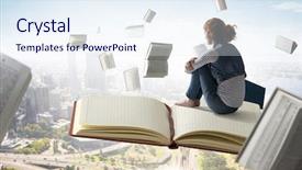  Presentation with book - Beautiful slide set featuring little woman with large book backdrop and a sky blue colored foreground