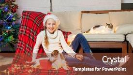  Presentation with merry christmas and new year - Slide set with littlehuman xmas - smiling girl near christmas tree background and a tawny brown colored foreground