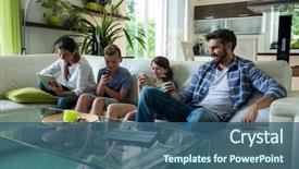  Presentation with mobile home - Beautiful presentation design featuring live - family using laptop and mobile backdrop and a ocean colored foreground