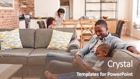  Presentation with using digital tablet - PPT theme having live - father and son sit background and a violet colored foreground