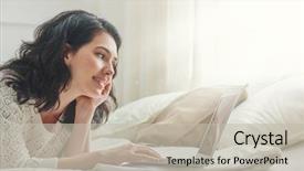  Presentation with working - Amazing PPT theme having live - happy casual beautiful woman working backdrop and a light gray colored foreground