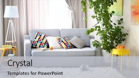  Presentation with green tree - PPT theme featuring live - living room interior with sofa background and a light gray colored foreground