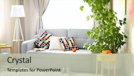  Presentation with living room - Slide set enhanced with live - living room interior with sofa background and a soft green colored foreground